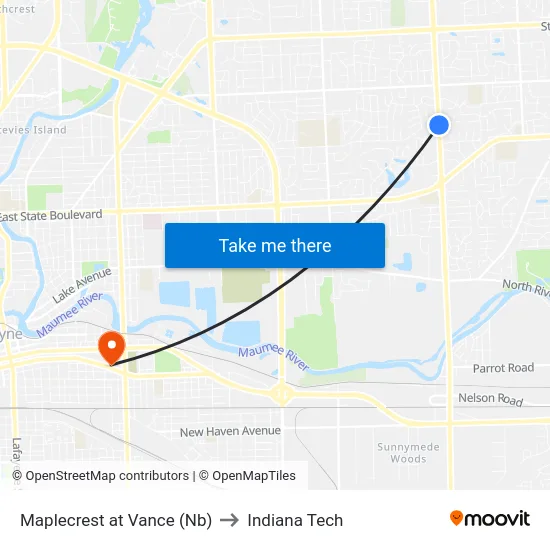 Maplecrest at Vance (Nb) to Indiana Tech map