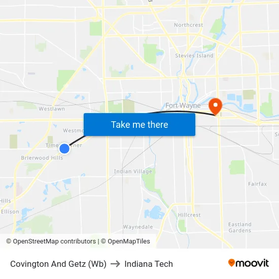 Covington And Getz (Wb) to Indiana Tech map