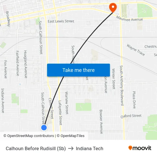 Calhoun Before Rudisill (Sb) to Indiana Tech map