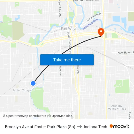 Brooklyn Ave at Foster Park Plaza (Sb) to Indiana Tech map