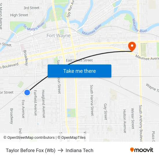 Taylor Before Fox (Wb) to Indiana Tech map