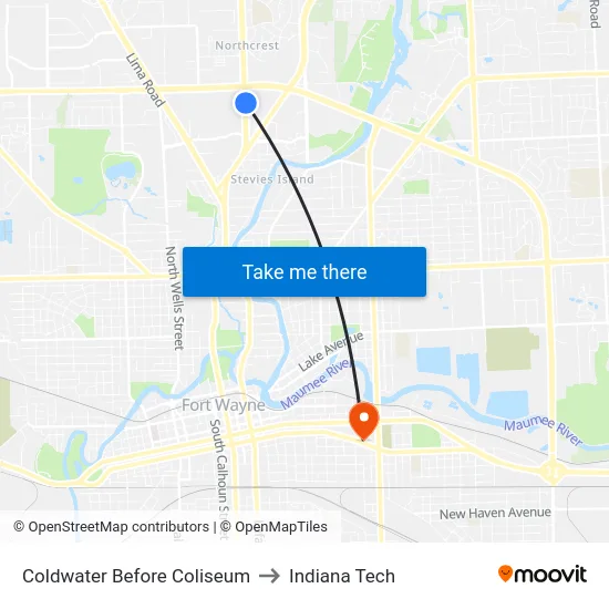 Coldwater Before Coliseum to Indiana Tech map