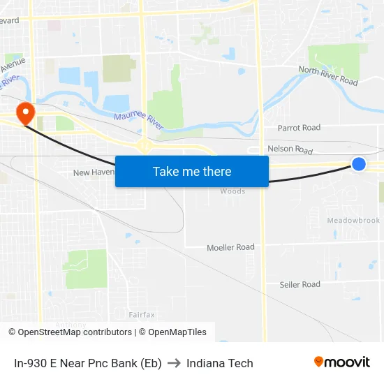 In-930 E Near Pnc Bank (Eb) to Indiana Tech map