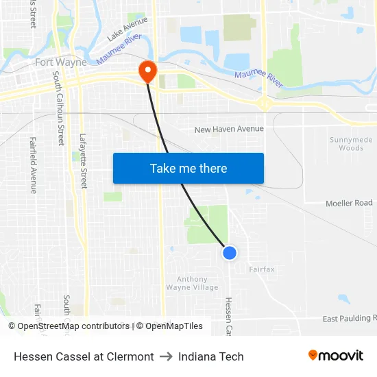 Hessen Cassel at Clermont to Indiana Tech map