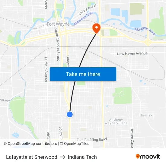 Lafayette at Sherwood to Indiana Tech map