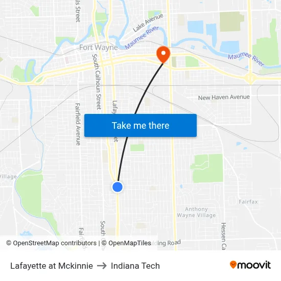 Lafayette at Mckinnie to Indiana Tech map