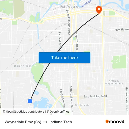 Waynedale Bmv (Sb) to Indiana Tech map