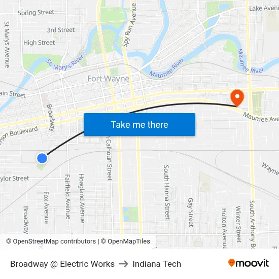Broadway @ Electric Works to Indiana Tech map