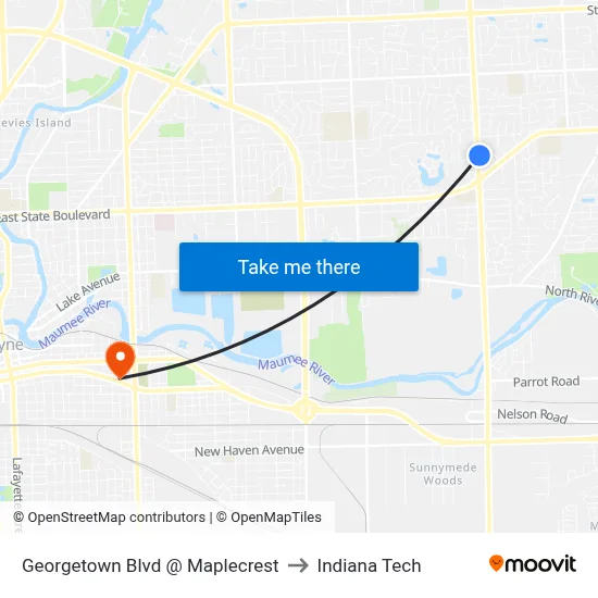 Georgetown Blvd @ Maplecrest to Indiana Tech map