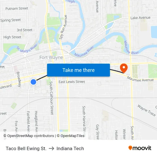 Taco Bell Ewing St. to Indiana Tech map