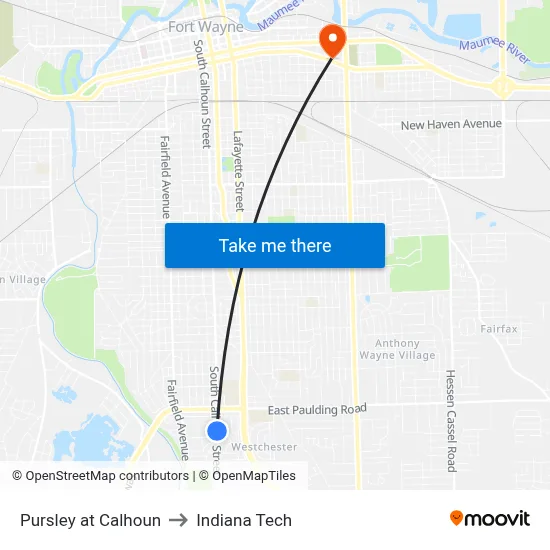 Pursley at Calhoun to Indiana Tech map