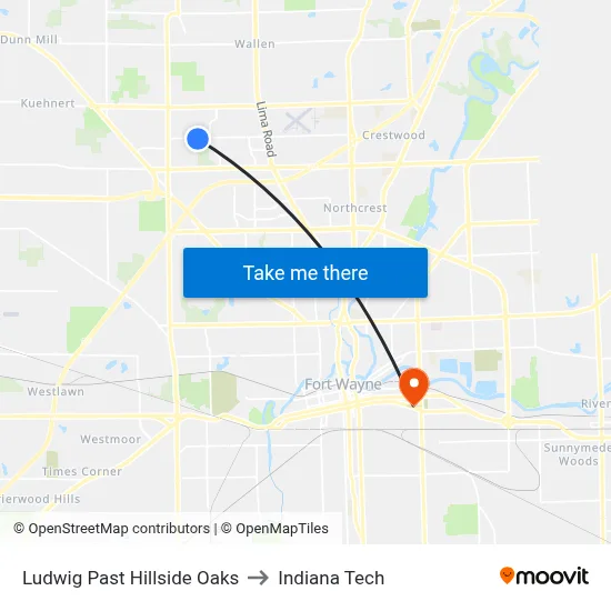 Ludwig Past Hillside Oaks to Indiana Tech map
