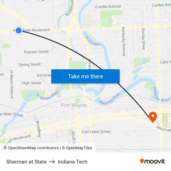 Sherman at State to Indiana Tech map