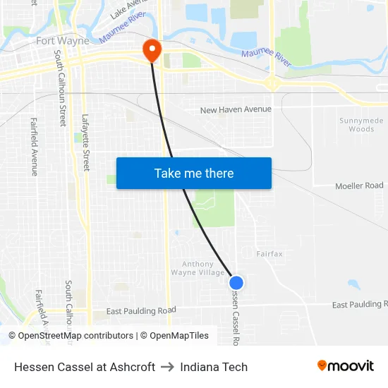 Hessen Cassel at Ashcroft to Indiana Tech map