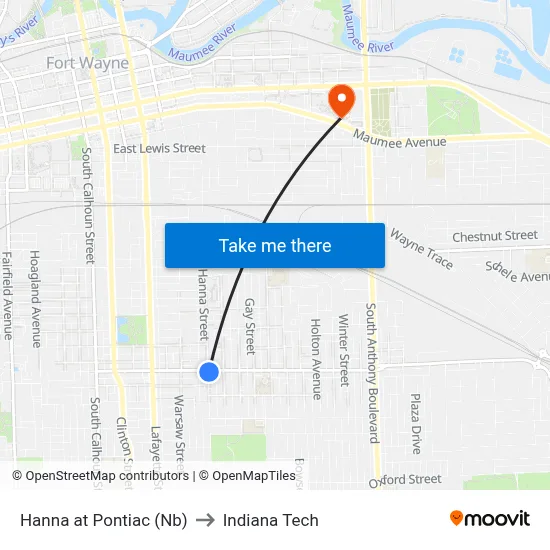 Hanna at Pontiac (Nb) to Indiana Tech map
