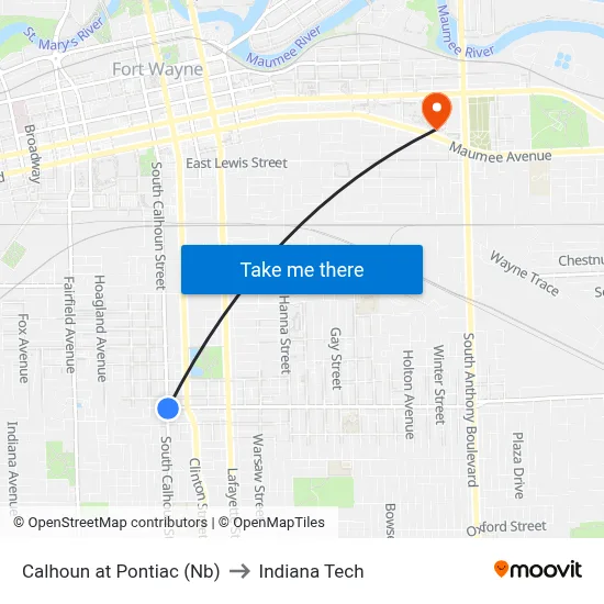 Calhoun at Pontiac (Nb) to Indiana Tech map