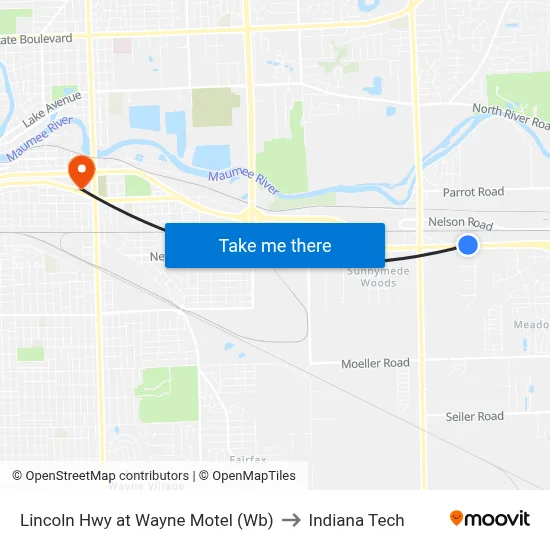Lincoln Hwy at Wayne Motel (Wb) to Indiana Tech map