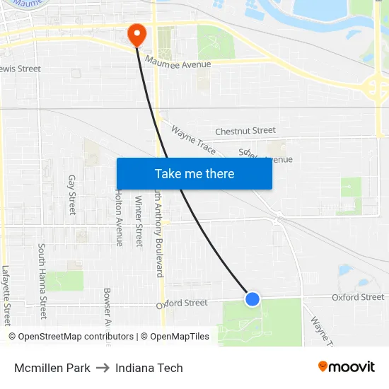 Mcmillen Park to Indiana Tech map