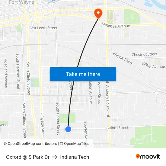 Oxford @ S Park Dr to Indiana Tech map
