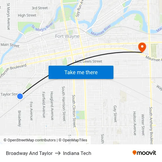 Broadway And Taylor to Indiana Tech map