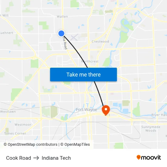Cook Road to Indiana Tech map