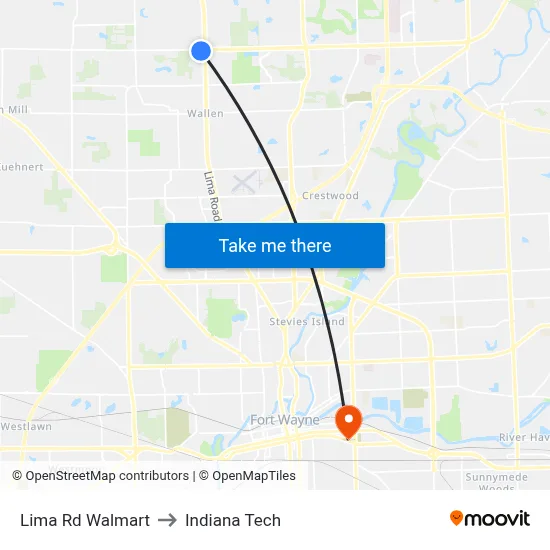 Lima Rd Walmart to Indiana Tech map