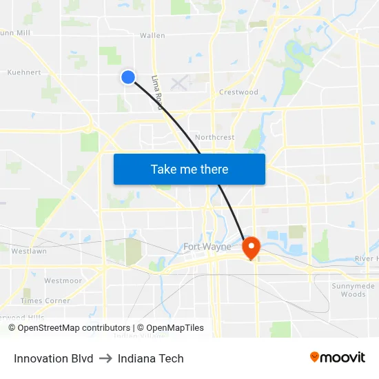 Innovation Blvd to Indiana Tech map