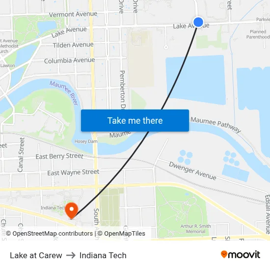 Lake at Carew to Indiana Tech map