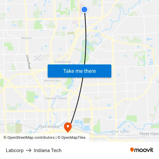 Labcorp to Indiana Tech map