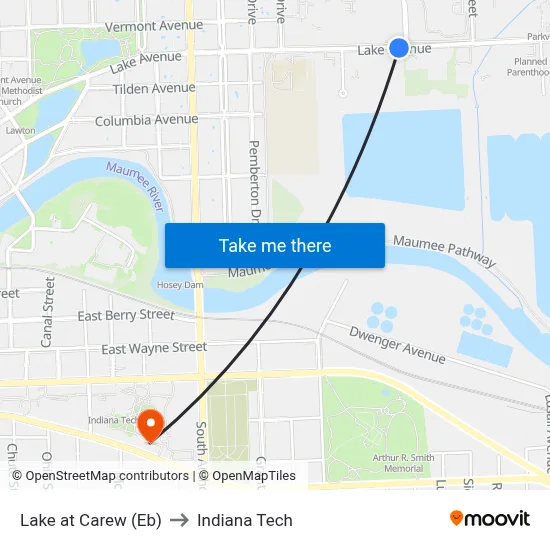 Lake at Carew (Eb) to Indiana Tech map