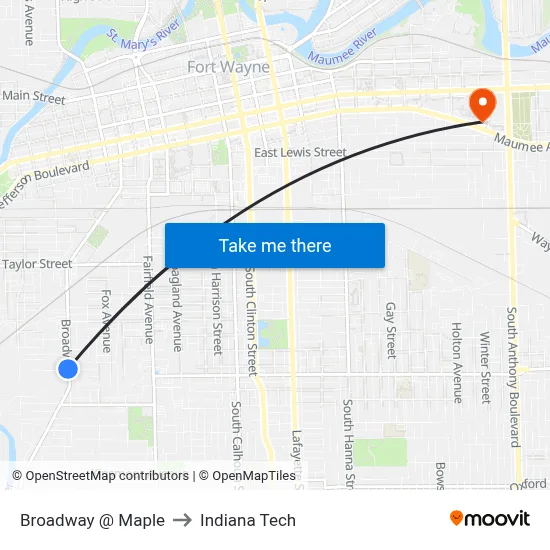 Broadway @ Maple to Indiana Tech map