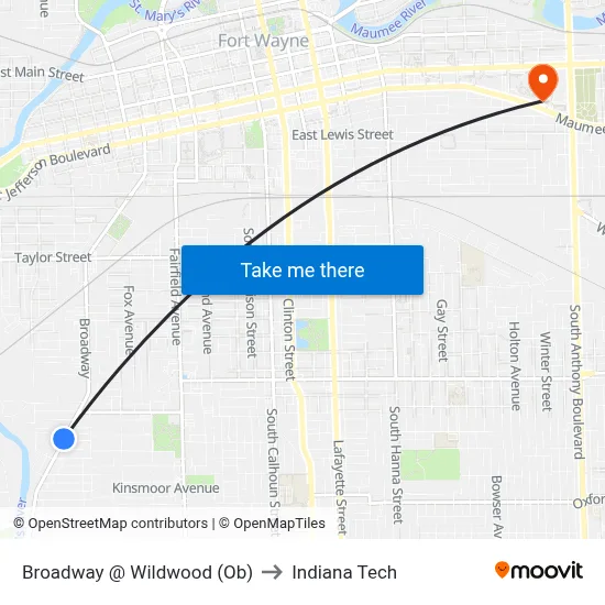 Broadway @ Wildwood (Ob) to Indiana Tech map