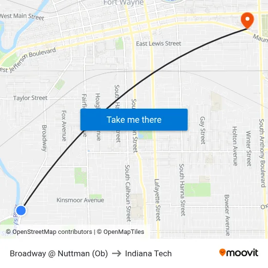 Broadway @ Nuttman (Ob) to Indiana Tech map