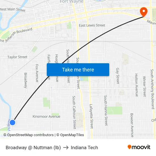 Broadway @ Nuttman (Ib) to Indiana Tech map