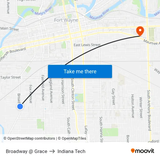 Broadway @ Grace to Indiana Tech map