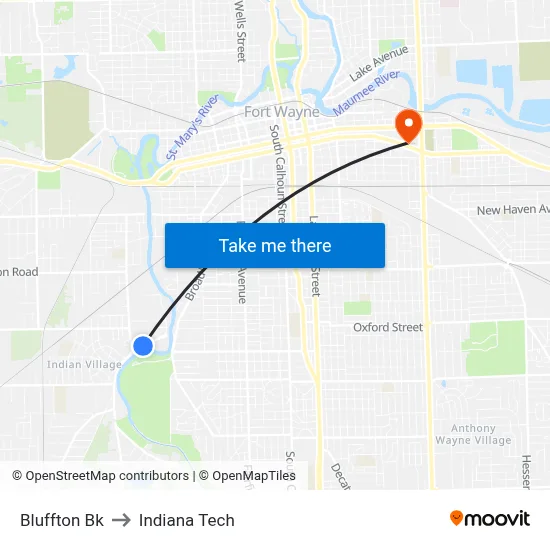 Bluffton Bk to Indiana Tech map