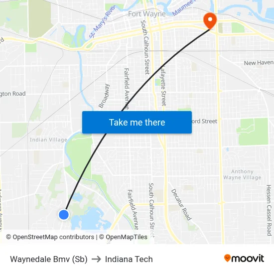 Waynedale Bmv (Sb) to Indiana Tech map