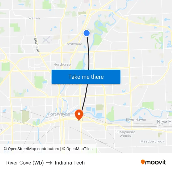 River Cove (Wb) to Indiana Tech map