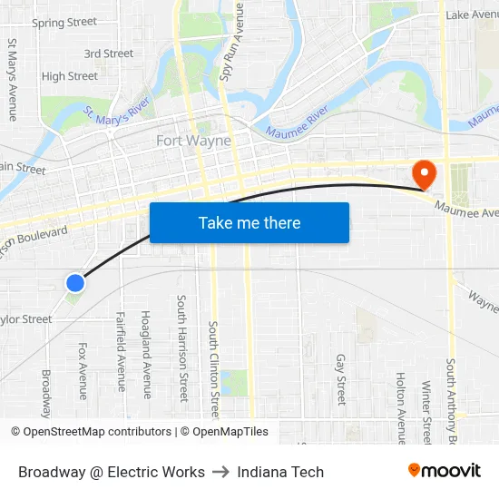Broadway @ Electric Works to Indiana Tech map
