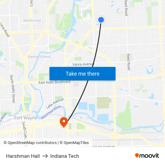 Harshman Hall to Indiana Tech map