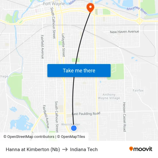 Hanna at Kimberton (Nb) to Indiana Tech map