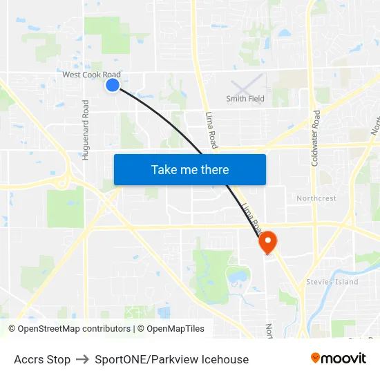 Accrs Stop to SportONE/Parkview Icehouse map
