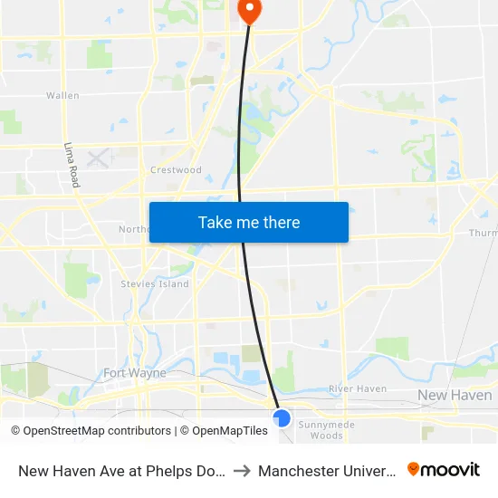 New Haven Ave at Phelps Dodge to Manchester University map