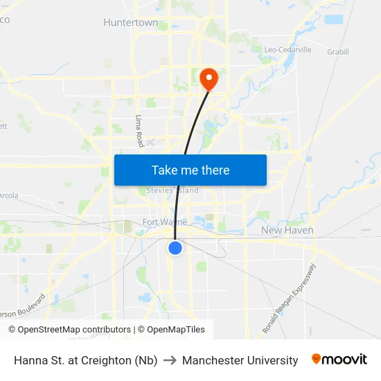 Hanna St. at Creighton (Nb) to Manchester University map