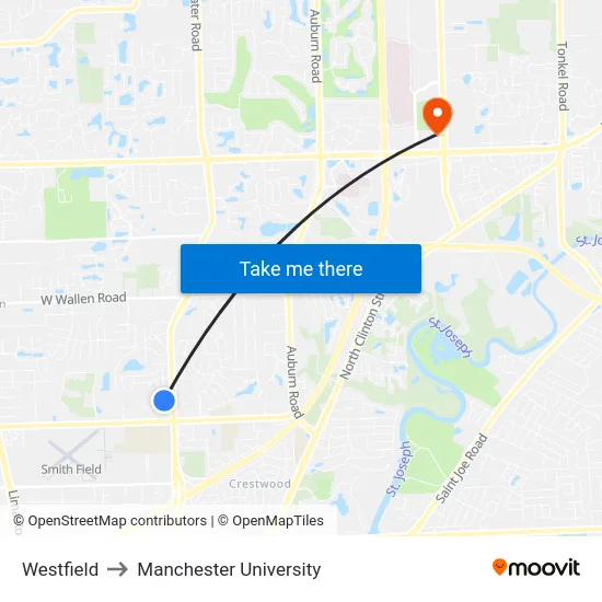 Westfield to Manchester University map