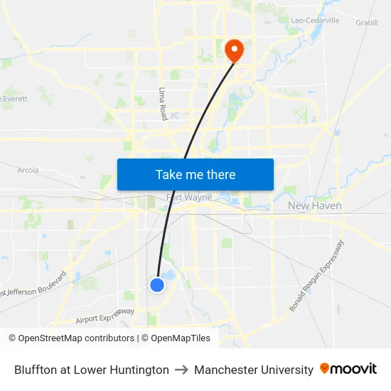 Bluffton at Lower Huntington to Manchester University map