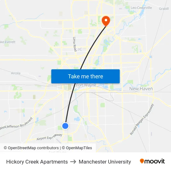 Hickory Creek Apartments to Manchester University map