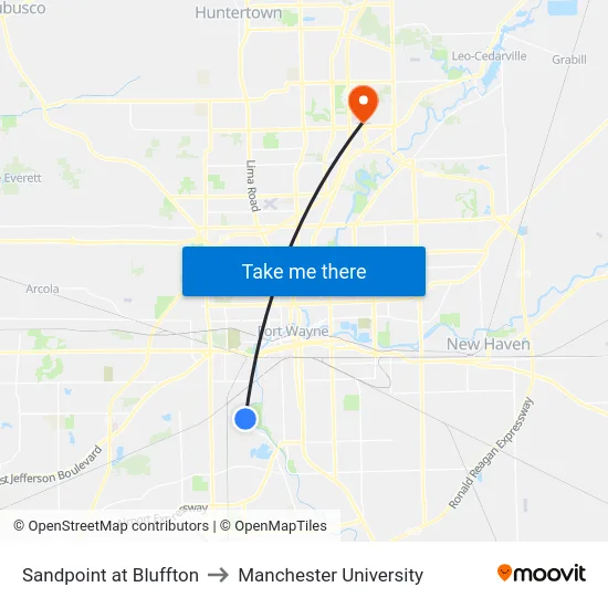 Sandpoint at Bluffton to Manchester University map