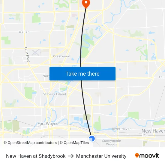 New Haven at Shadybrook to Manchester University map