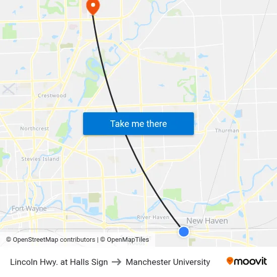 Lincoln Hwy. at Halls Sign to Manchester University map